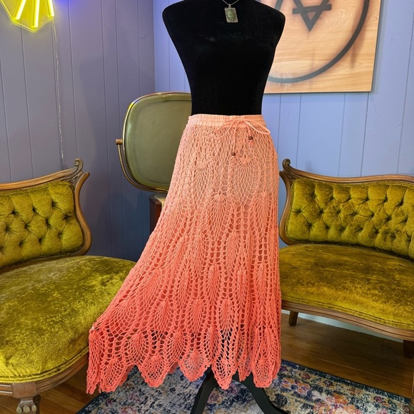 Vintage Dresses & Skirts - Vintage Coral Ombre Crochet Maxi Skirt Size Medium